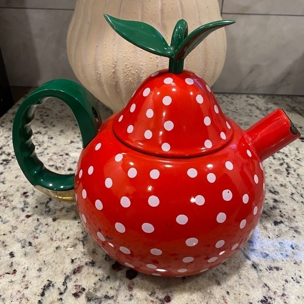 Vintage Strawberry Red Teapot with Green Handle
